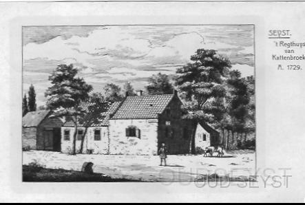 Kattenbroek-1729-001.jpg - Dit is een tekening van “’t Regthuys van Kattenbroek” (1729). Het stond ook wel bekend onder de naam “Lindenboom”. Kattenbroek (Cattenbroeck), duidt vermoedelijk op de grondsoort waarop het is gebouwd. Laaggelegen, drassig broekland en moerasklei wat in het West-Utrechts “katteklei” wordt genoemd.