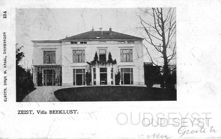 Utr.weg-1910-020.jpg - Buitenplaats “Beeklust”, gelegen in een bocht aan de Utrechtseweg (nr. 30) (nu nr. 84), werd gebouwd tussen 1850 en 1860. Nu is hier het Christelijk Instituut voor Blinden en Slechtzienden “Bartiméus” gevestigd. Foto gemaakt in 1910.